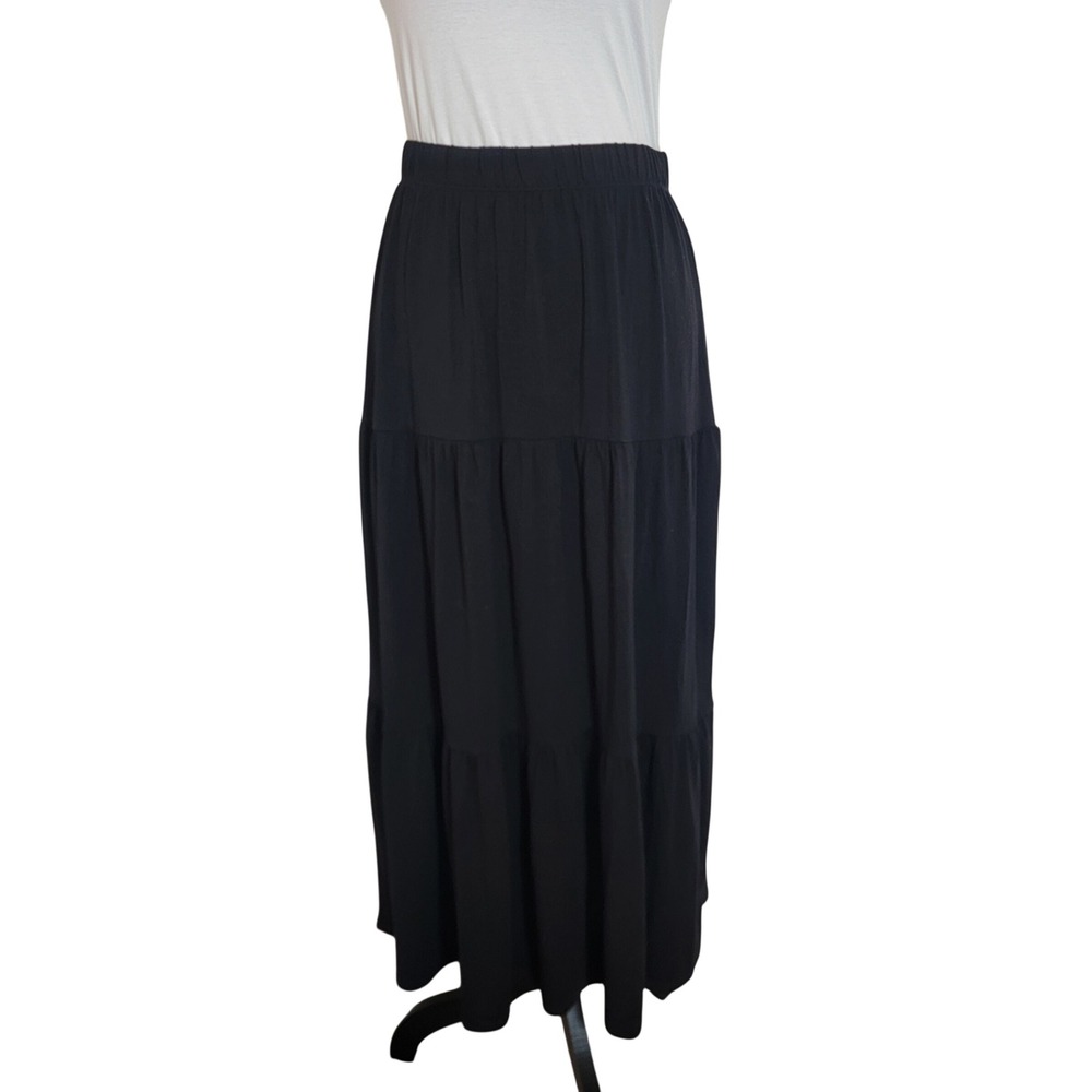Eileen Fisher Black Tiered Maxi Skirt Elastic Waist Boho‎ Flowy Ankle Length XXS